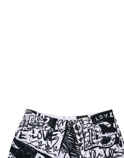 Dolce & Gabbana White Graffiti Cotton Men Bermuda Denim Shorts