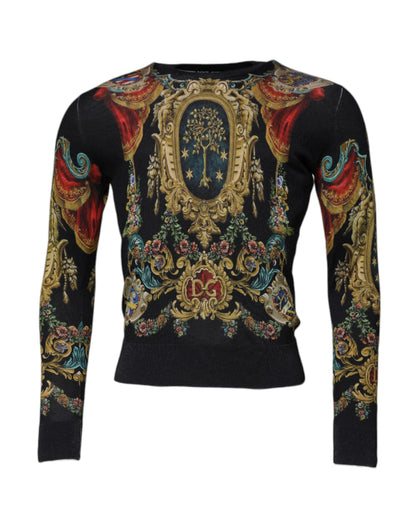 Dolce & Gabbana Black Heraldic DG Silk Round Neck Pullover Sweater