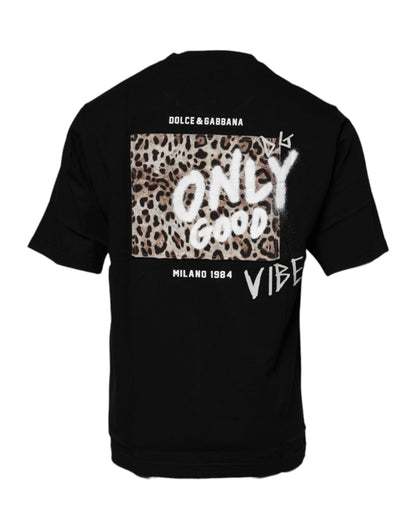 Dolce & Gabbana Black Amore Leopard Cotton Crew Neck T-shirt