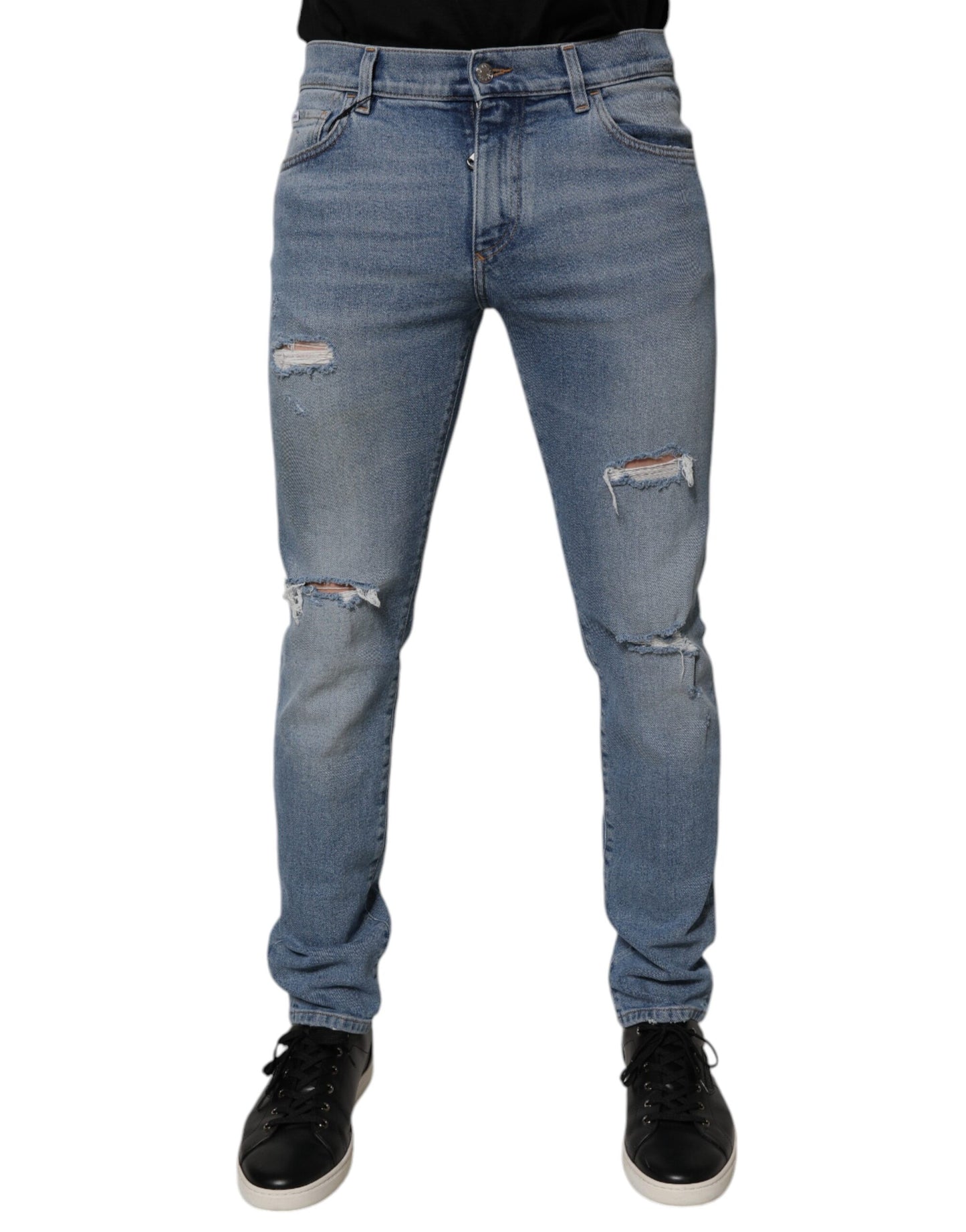 Dolce & Gabbana Light Blue Tattered Logo Slim Men Denim Jeans