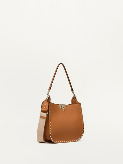 Valentino Garavani Brown Grainy Calf Hobo Rockstudt Bag