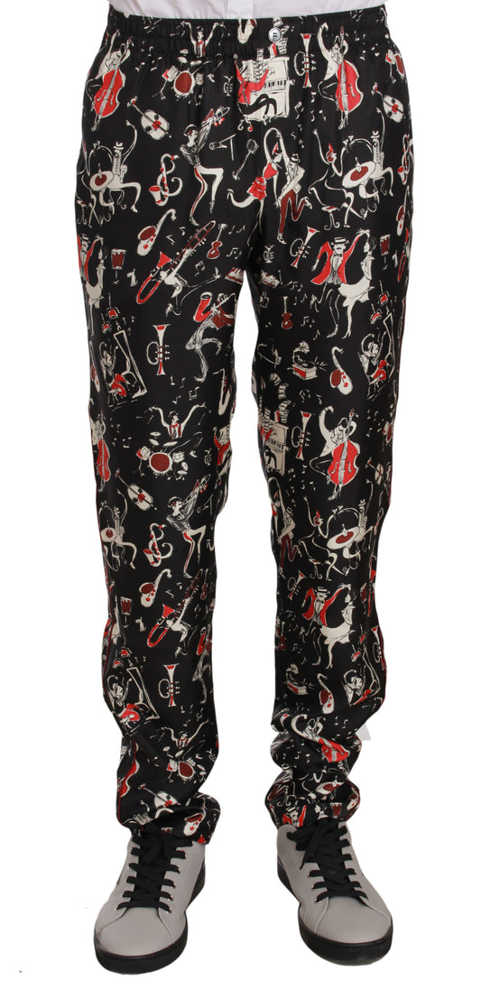 Dolce & Gabbana Elegant Black Silk Lounge Pants with Red Print